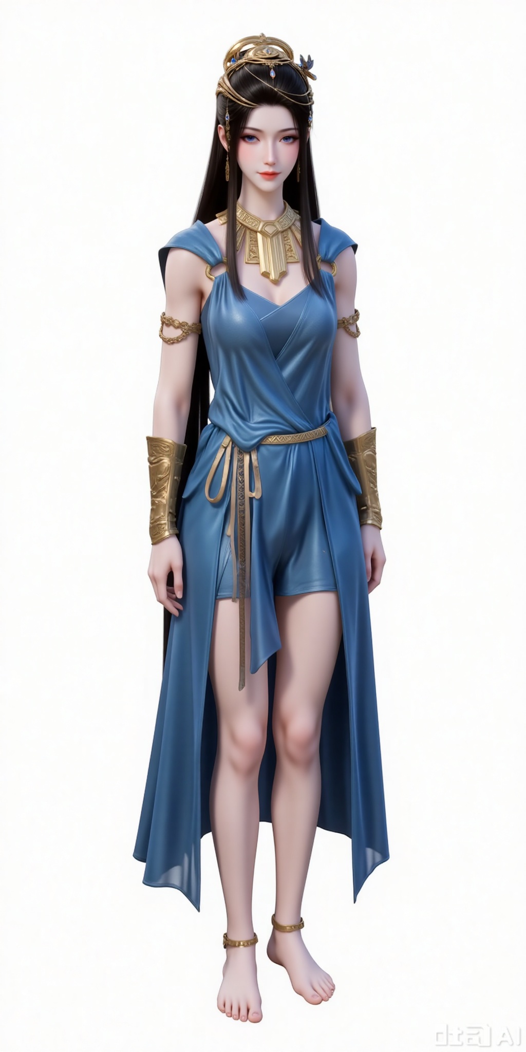 1girl,solo,long hair,brown hair,dress,jewelry,standing,blue eyes,barefoot,bracelet,blue dress,armlet,anklet,full body,
white_background,simple background,
lvjing,lvjing,guanghuapifu,xiaowu,pifu,yafei,meidusha,yuanyao