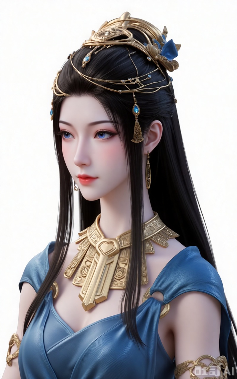 1girl, solo, long hair, blue eyes, black hair, hair ornament, jewelry, closed mouth, upper body, outdoors,  looking to the side, portrait, 
white_background,simple background,
lvjing,lvjing,guanghuapifu,xiaowu,pifu,yafei,meidusha