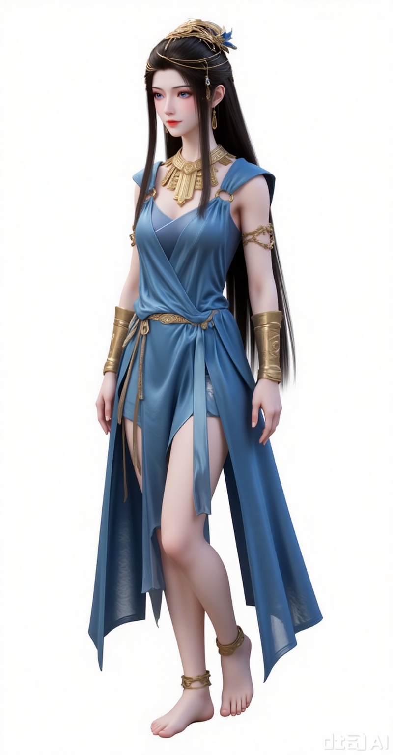 1girl,solo,long hair,brown hair,dress,jewelry,standing,blue eyes,barefoot,bracelet,blue dress,armlet,anklet,full body,
white_background,simple background,
lvjing,lvjing,guanghuapifu,xiaowu,pifu,yafei,meidusha,yuanyao