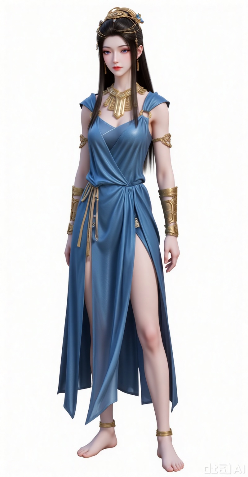1girl,solo,long hair,brown hair,dress,jewelry,standing,closed eyes,barefoot,bracelet,blue dress,armlet,anklet,full body,
white_background,simple background,
lvjing,lvjing,guanghuapifu,xiaowu,pifu,yafei,meidusha,yuanyao