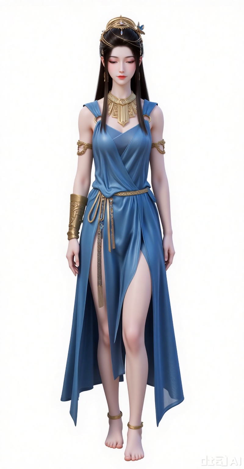 1girl,solo,long hair,brown hair,dress,jewelry,standing,closed eyes,barefoot,bracelet,blue dress,armlet,anklet,full body,
white_background,simple background,
lvjing,lvjing,guanghuapifu,xiaowu,pifu,yafei,meidusha,yuanyao