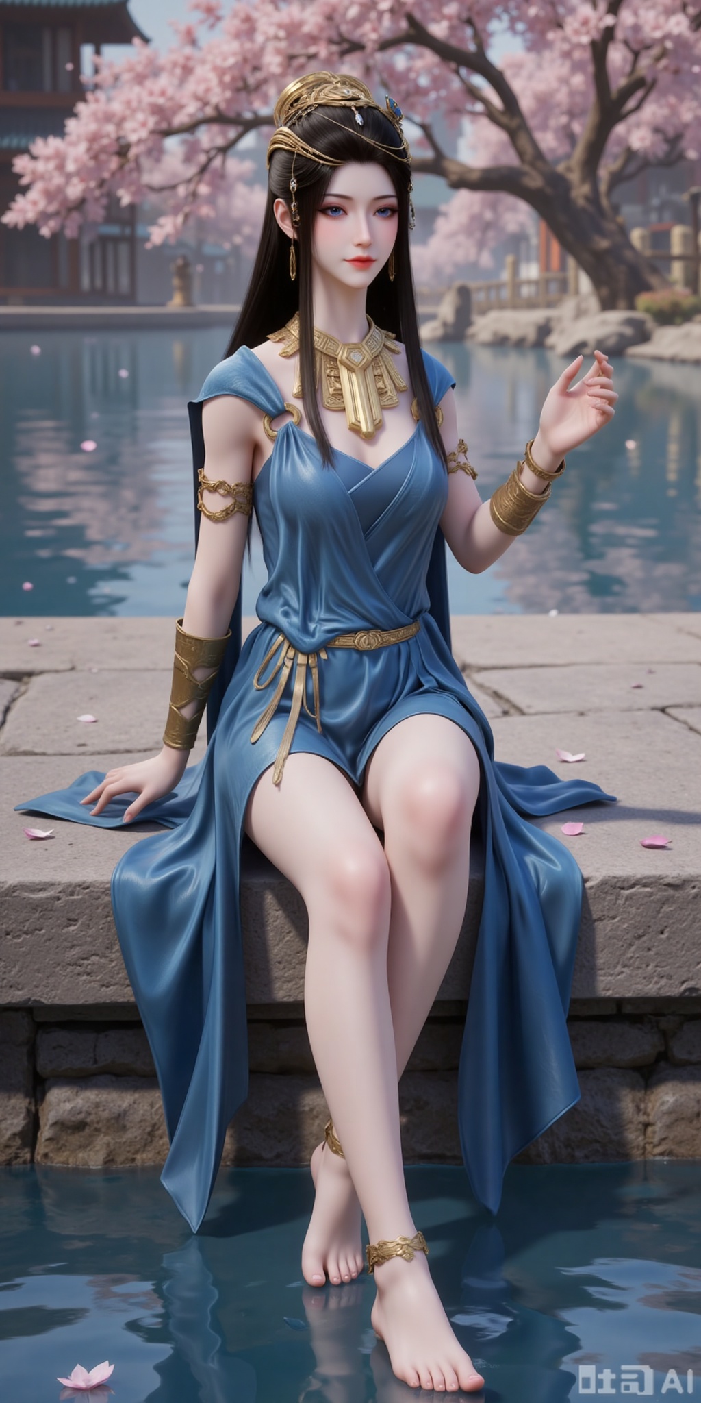 1girl,solo,long hair,brown hair,dress,jewelry,sitting,blue eyes,barefoot,bracelet,blue dress,armlet,anklet,full body,cherry_blossoms,river,stone,sitting,hand up,petals,absurdres,wallpaper,
lvjing,lvjing,guanghuapifu,xiaowu,pifu,yafei,meidusha,yuanyao