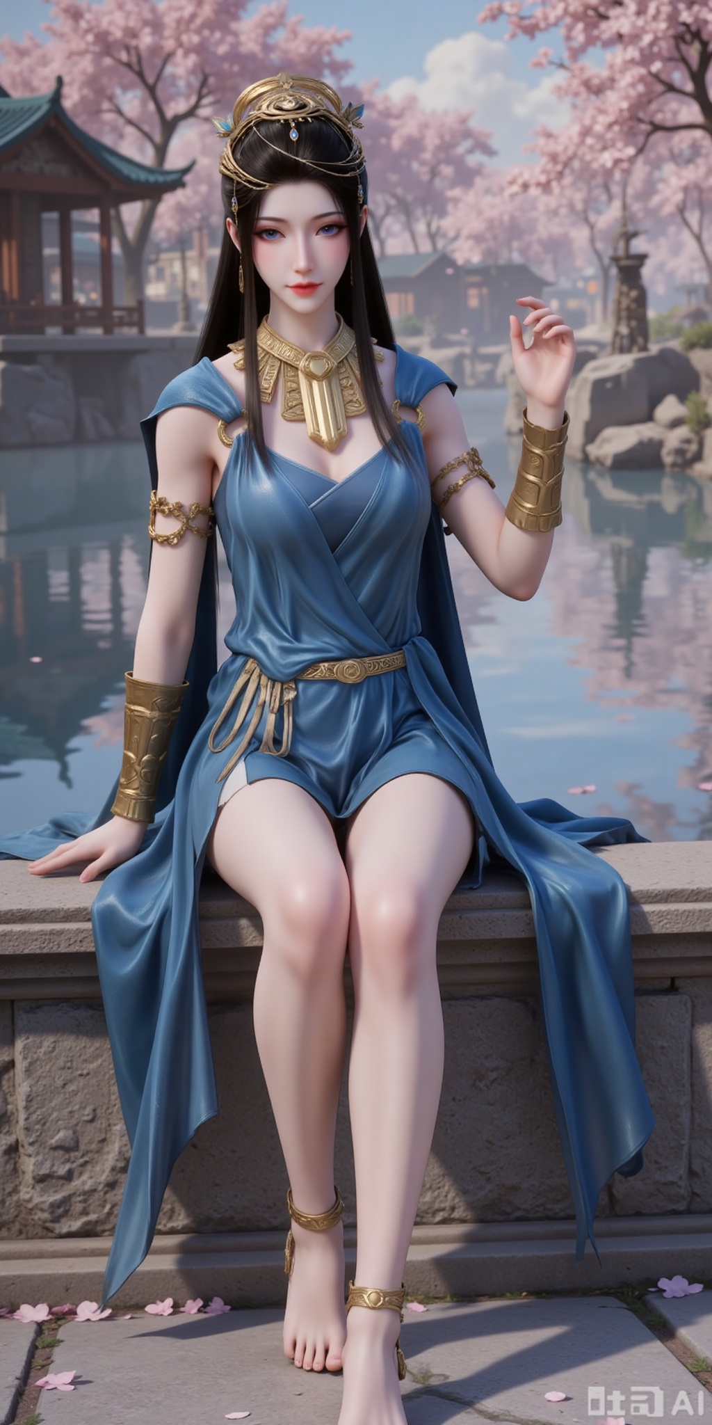 1girl,solo,long hair,brown hair,dress,jewelry,sitting,blue eyes,barefoot,bracelet,blue dress,armlet,anklet,full body,cherry_blossoms,river,stone,sitting,hand up,petals,absurdres,wallpaper,
lvjing,lvjing,guanghuapifu,xiaowu,pifu,yafei,meidusha,yuanyao