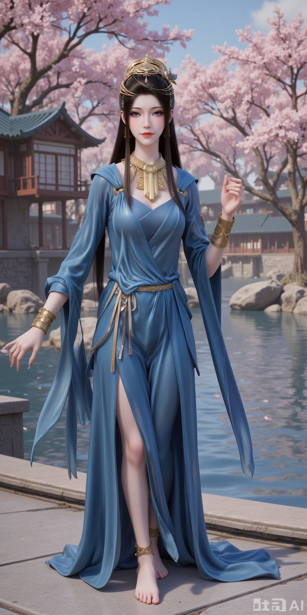 1girl,solo,long hair,brown hair,dress,jewelry,standing,blue eyes,barefoot,bracelet,blue dress,armlet,anklet,full body,cherry_blossoms,river,stone,sitting,hand up,petals,absurdres,wallpaper,
lvjing,lvjing,guanghuapifu,xiaowu,pifu,yafei,meidusha,yuanyao