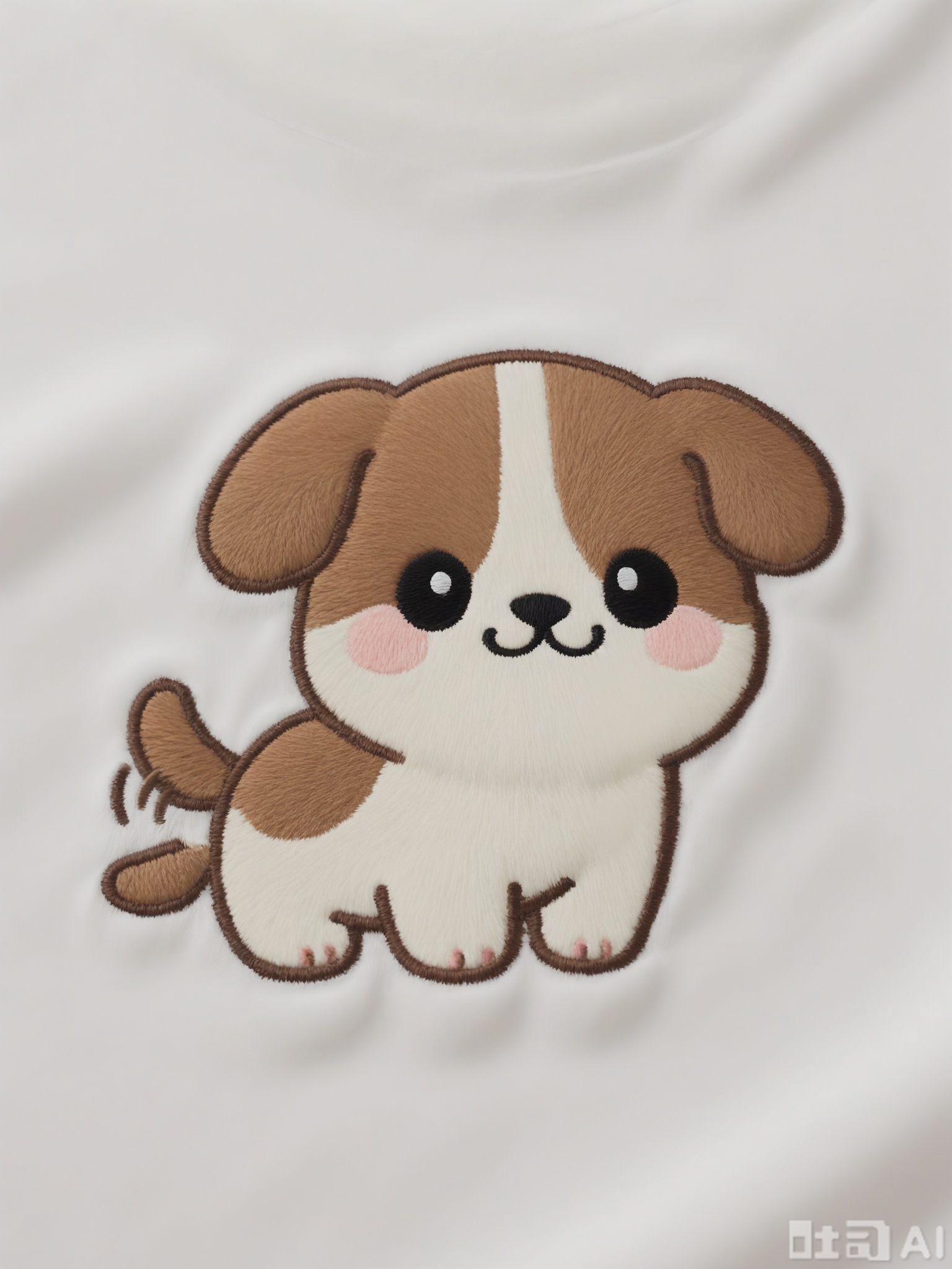 CXTA, A cute, embroidered motif of a playful puppy with a bone. The puppy is brown with black eyes, a wet nose, and a wagging tail. The bone is white, and the background is a light green, making it lively and endearing.

