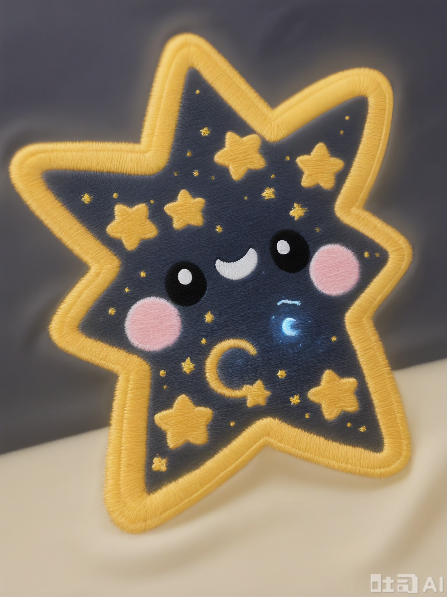 CXTA, A cute, embroidered pattern of a smiling star with a twinkle in its eye. The star is yellow with black eyes, a wide grin, and a small sparkle. The background is a dark blue night sky, making it magical and enchanting.
