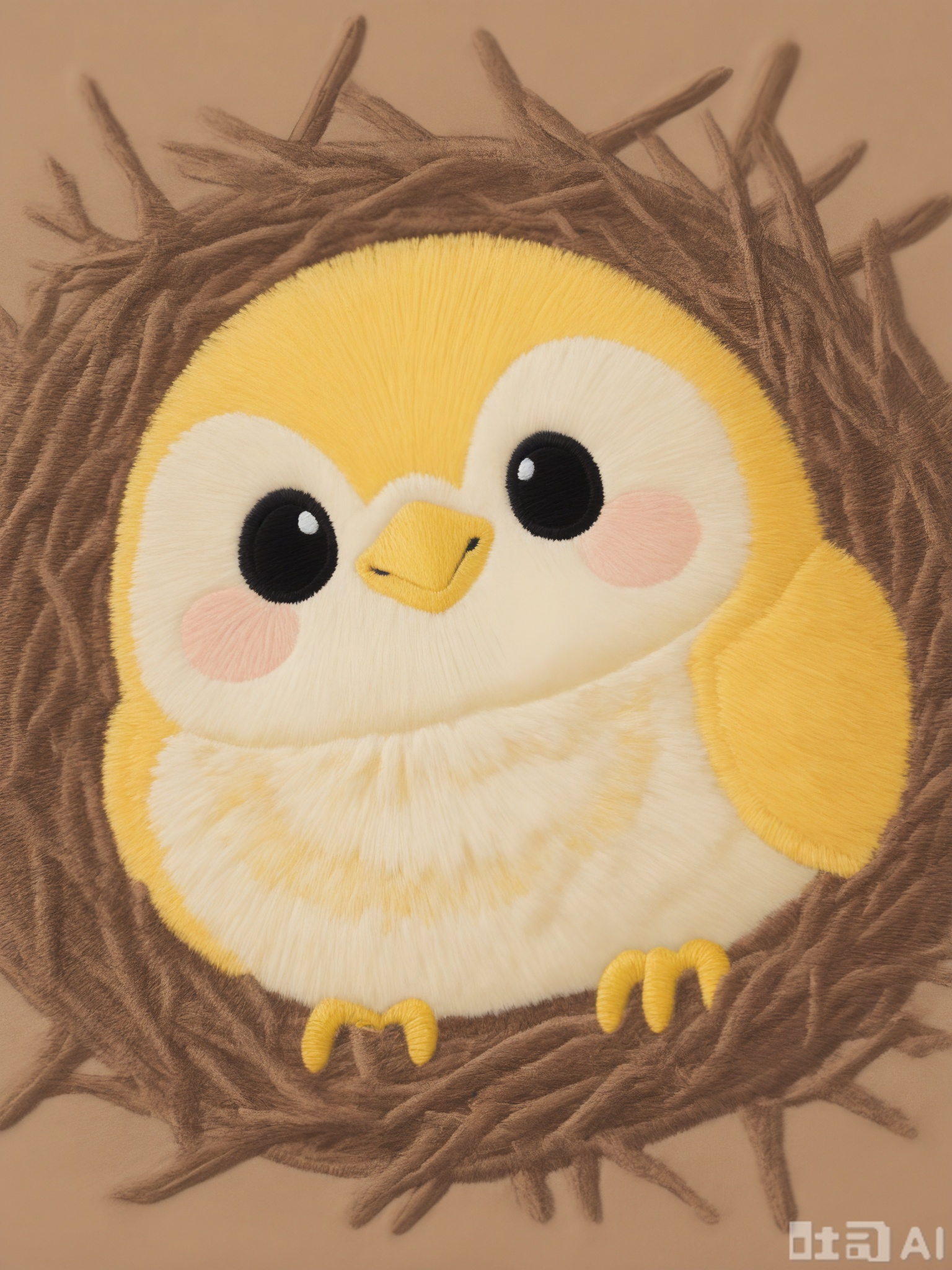 CXTA, A cute, embroidered artwork of a little bird sitting on a nest. The bird is blue with a yellow beak, black eyes, and a contented smile. The nest is brown, and the background is a soft yellow, creating a warm and cozy scene.
