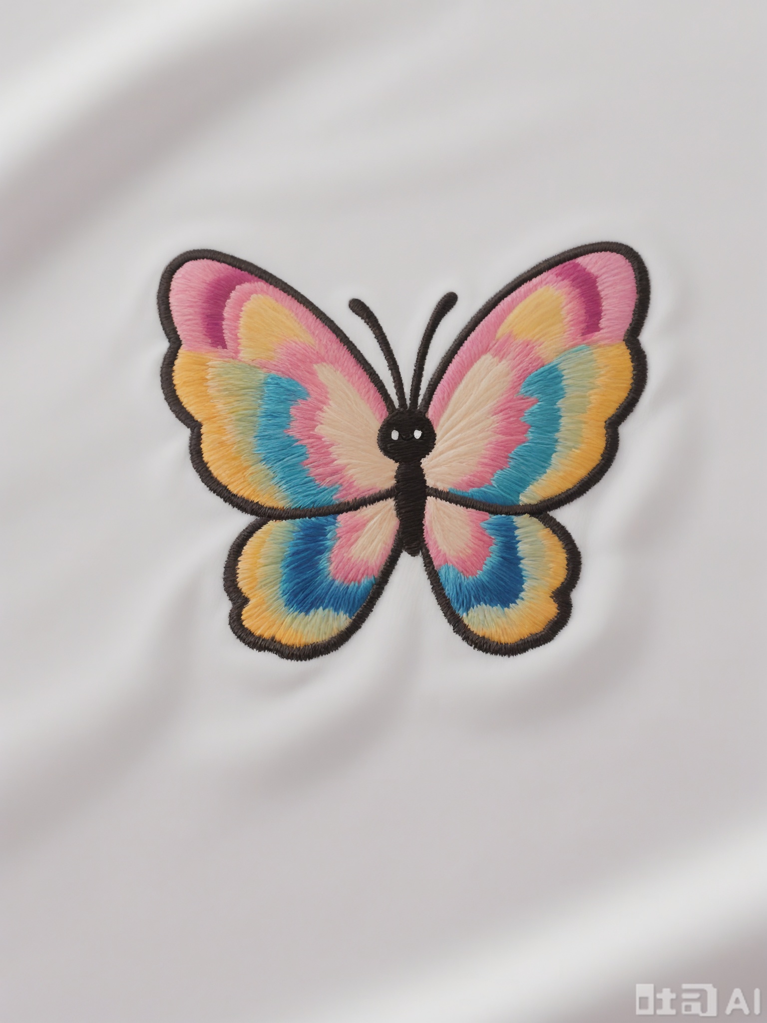CXTA, A cute, embroidered artwork of a delicate butterfly with a happy face. The butterfly has colorful wings with black eyes, a small smile, and pink antennae. The background is white, highlighting the butterfly's vibrant colors and playful expression.
