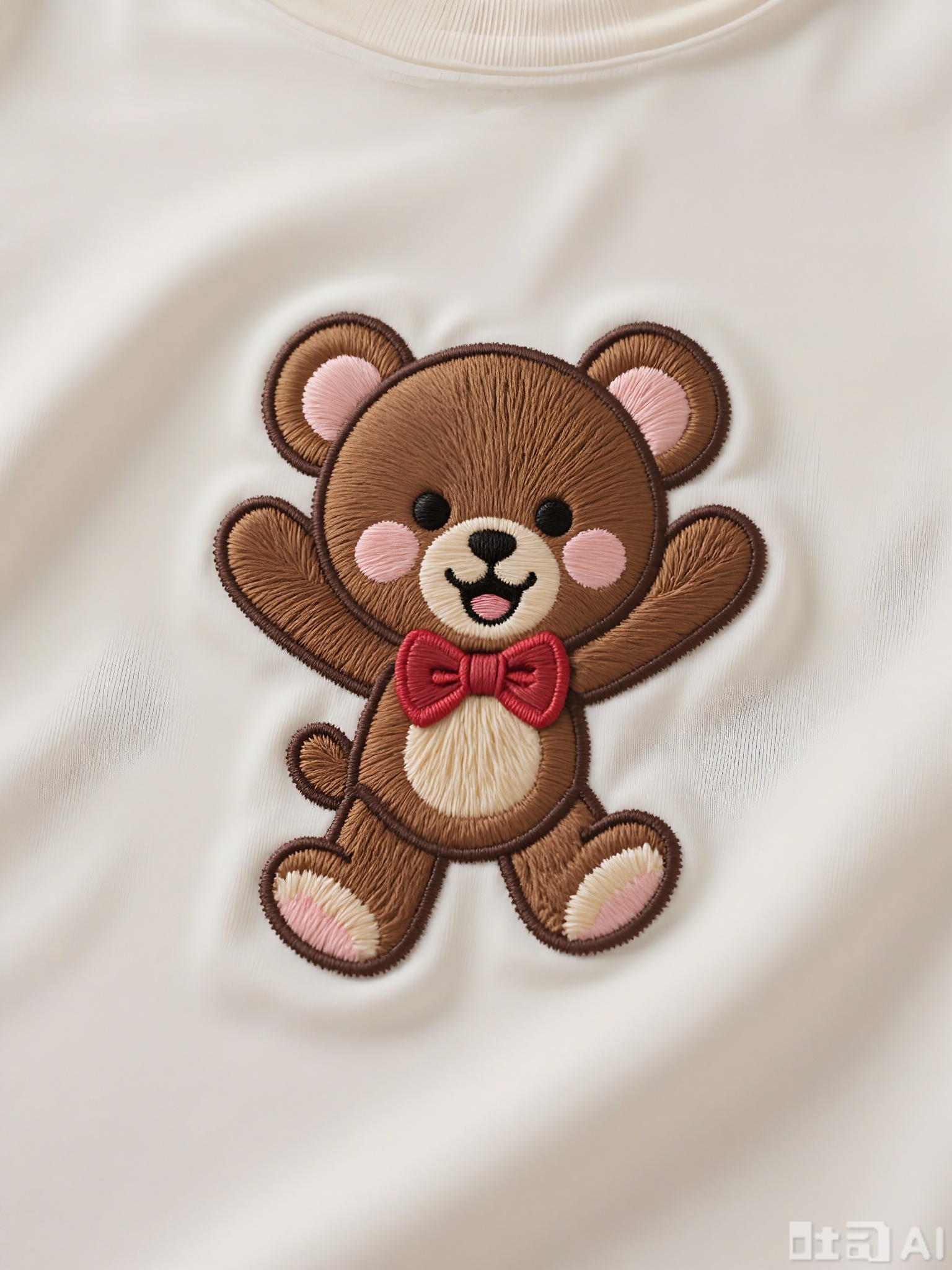 CXTA, A cute, embroidered design of a plush teddy bear with a joyful expression. The bear is brown with a red bow tie, black button eyes, and a stitched smile. The background is a soft beige, and the overall style is whimsical and charming.
