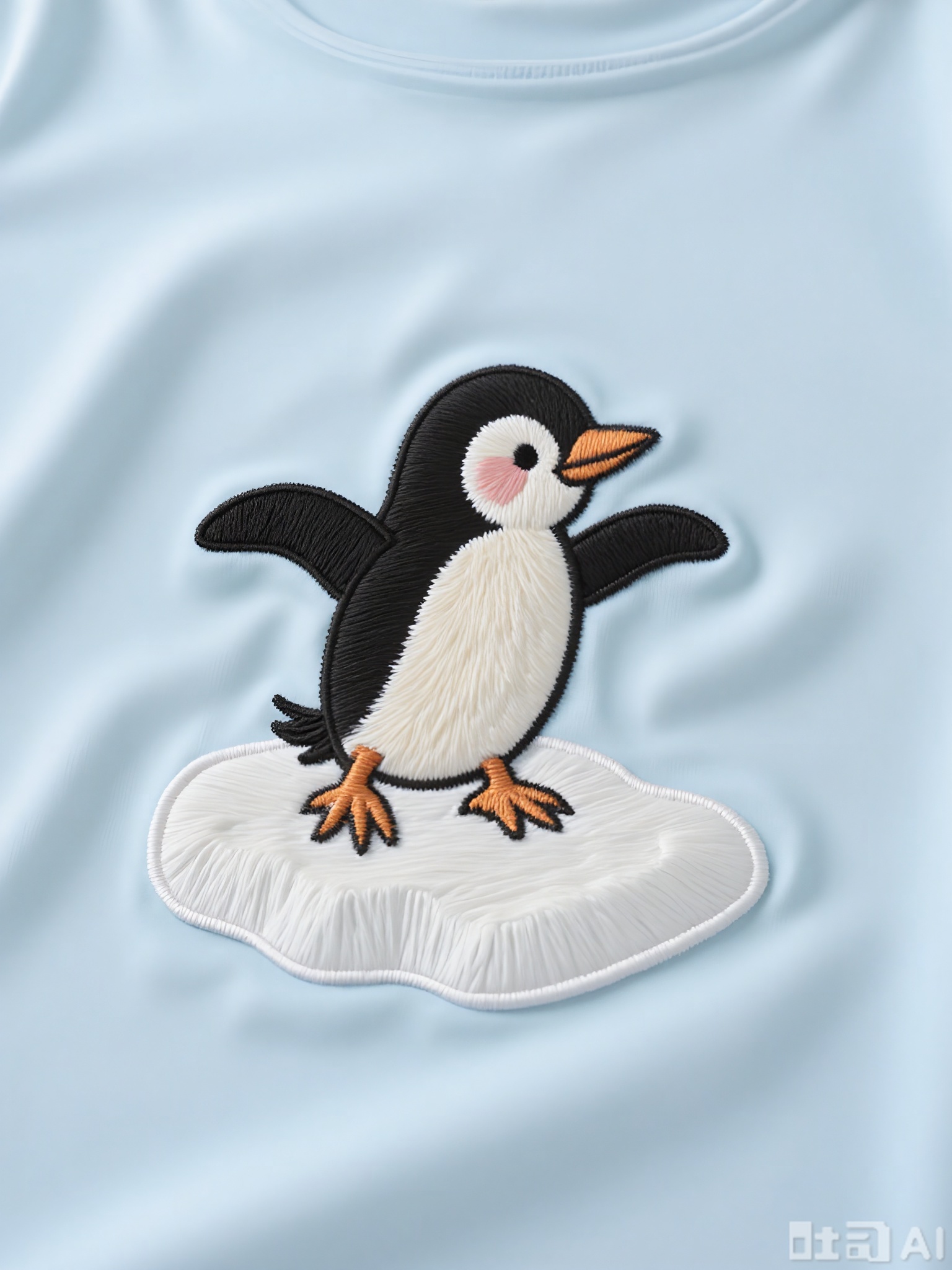 CXTA, A cute, embroidered artwork of a little penguin waddling on ice. The penguin is black and white with black eyes, an orange beak, and a cheerful expression. The ice is white, and the background is a light blue, creating a chilly but cute scene.
