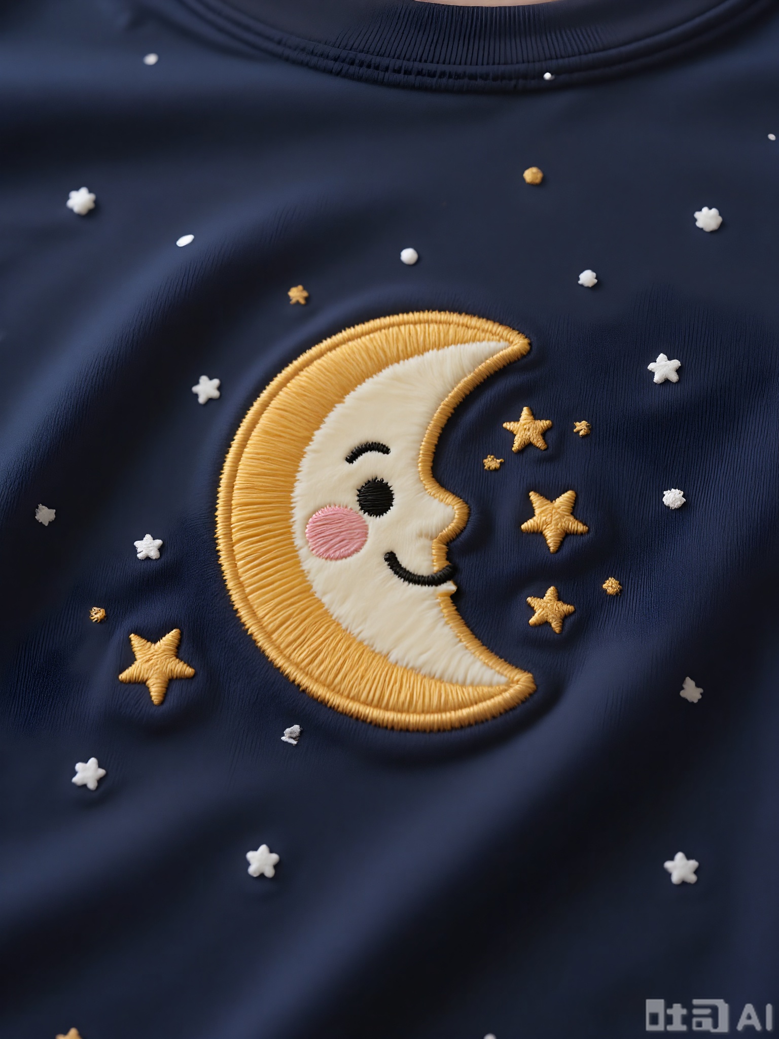CXTA, A cute, embroidered pattern of a smiling moon with a crescent shape. The moon is yellow with black eyes, a curved mouth, and a few stars around it. The background is a dark blue night sky, making it dreamy and whimsical.
