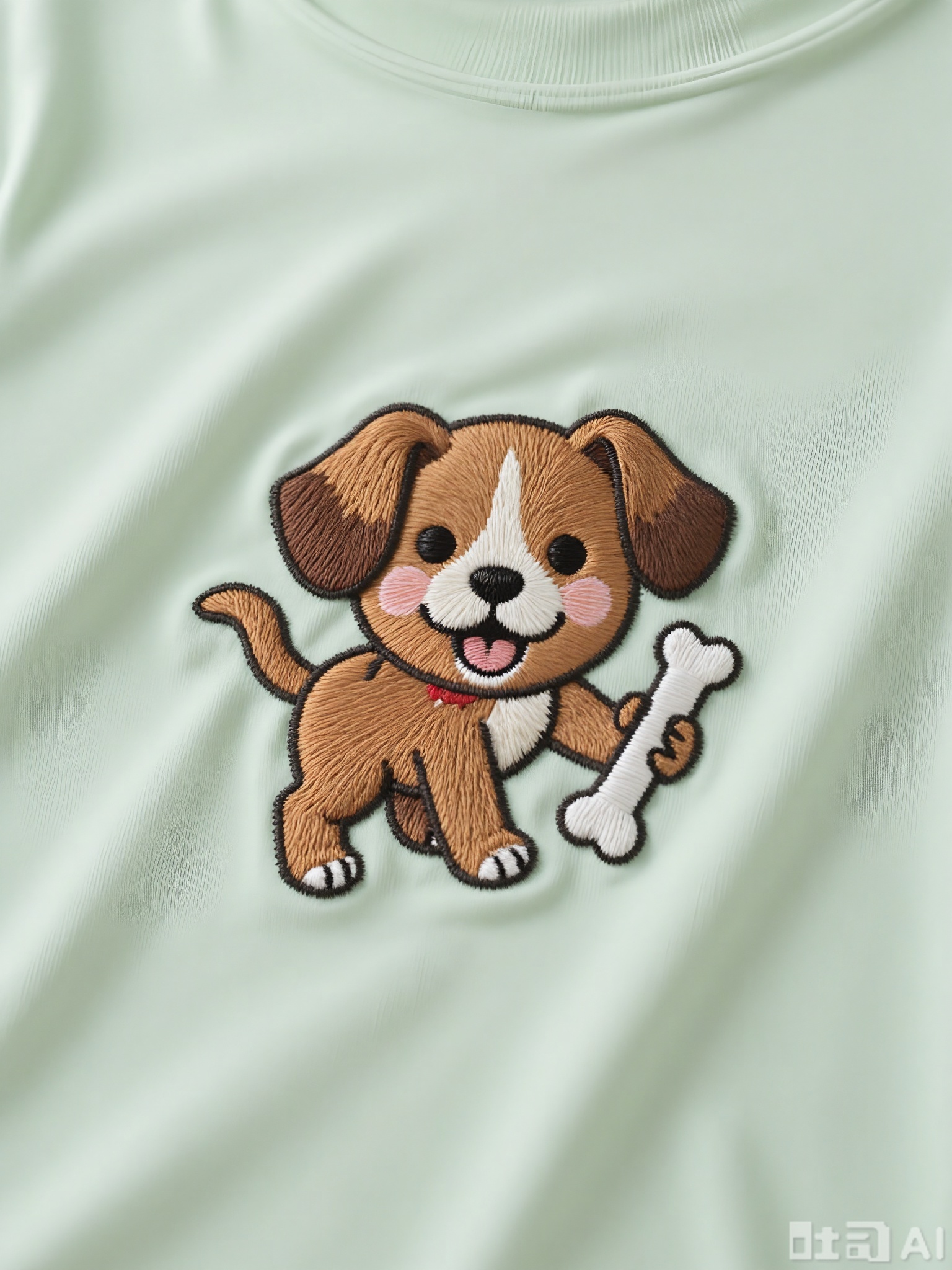 CXTA, A cute, embroidered motif of a playful puppy with a bone. The puppy is brown with black eyes, a wet nose, and a wagging tail. The bone is white, and the background is a light green, making it lively and endearing.
