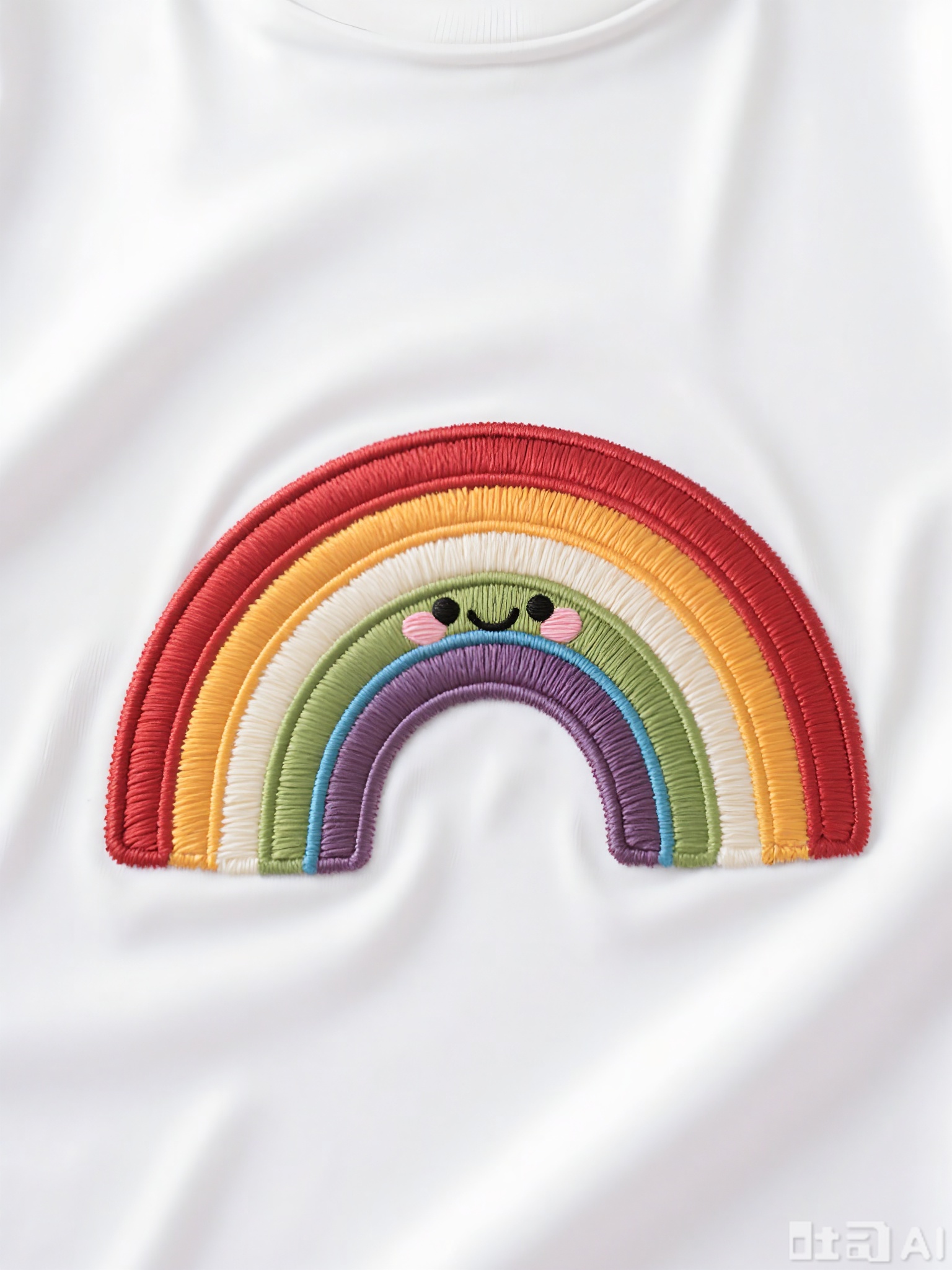 CXTA, A cute, embroidered artwork of a colorful rainbow with a smiling face. The rainbow has seven vibrant stripes, and its face features black eyes, a curved mouth, and pink blush. The background is white, giving it a fresh and lively look.

