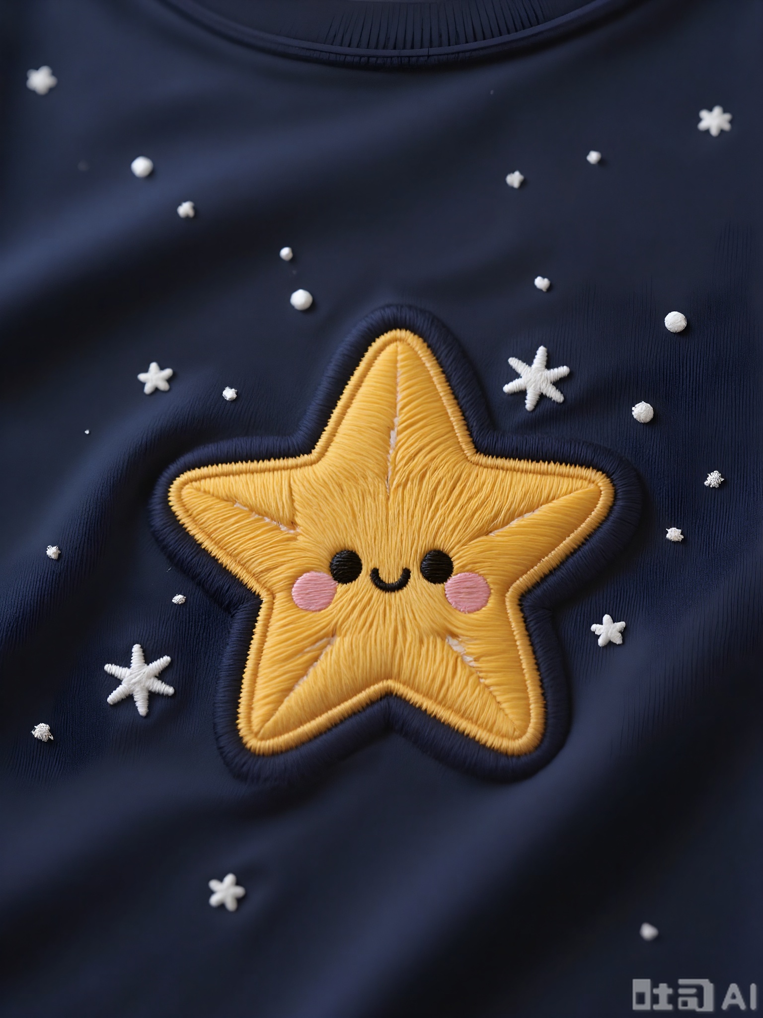 CXTA, A cute, embroidered pattern of a smiling star with a twinkle in its eye. The star is yellow with black eyes, a wide grin, and a small sparkle. The background is a dark blue night sky, making it magical and enchanting.
