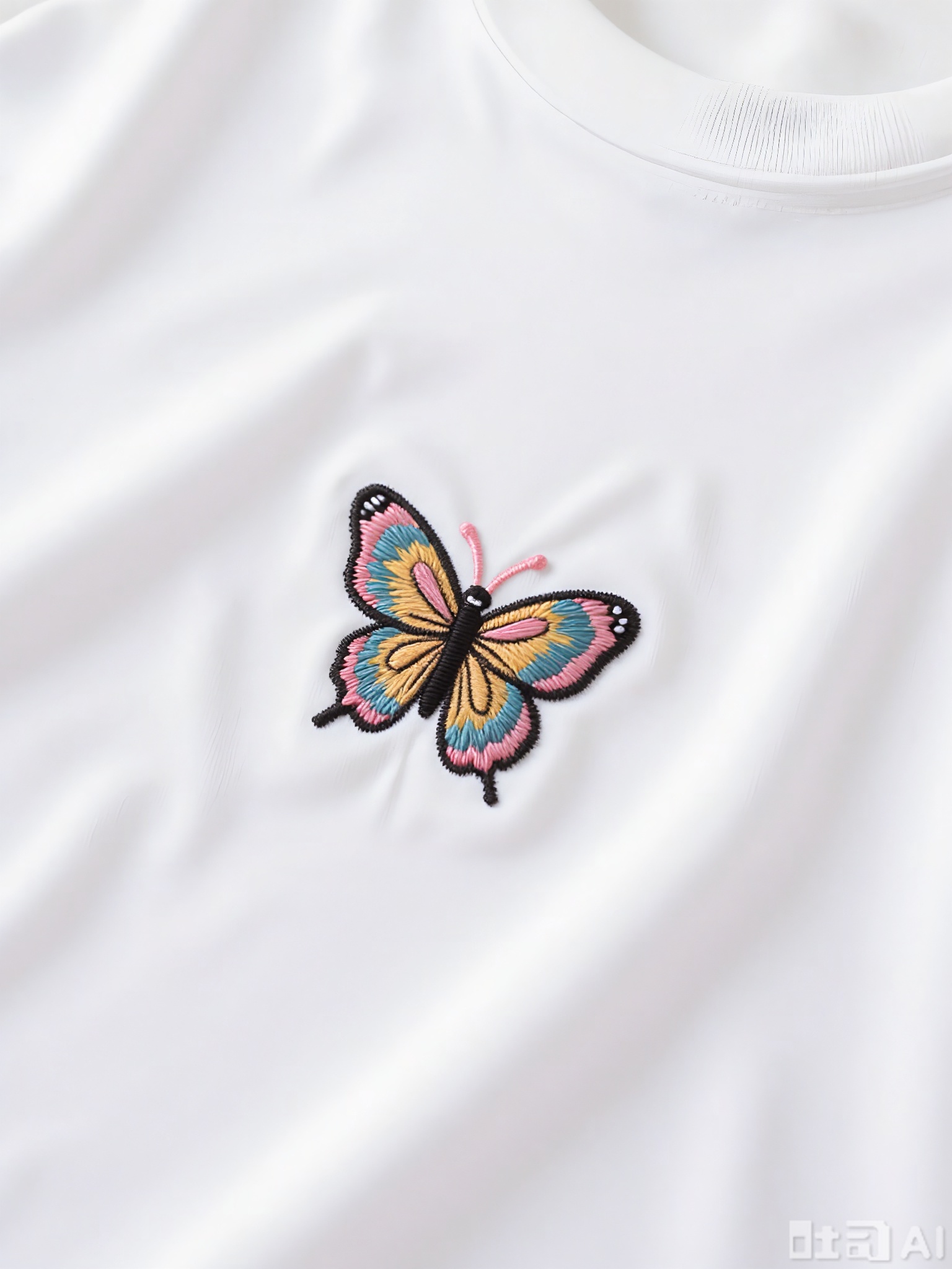 CXTA, A cute, embroidered artwork of a delicate butterfly with a happy face. The butterfly has colorful wings with black eyes, a small smile, and pink antennae. The background is white, highlighting the butterfly's vibrant colors and playful expression.
