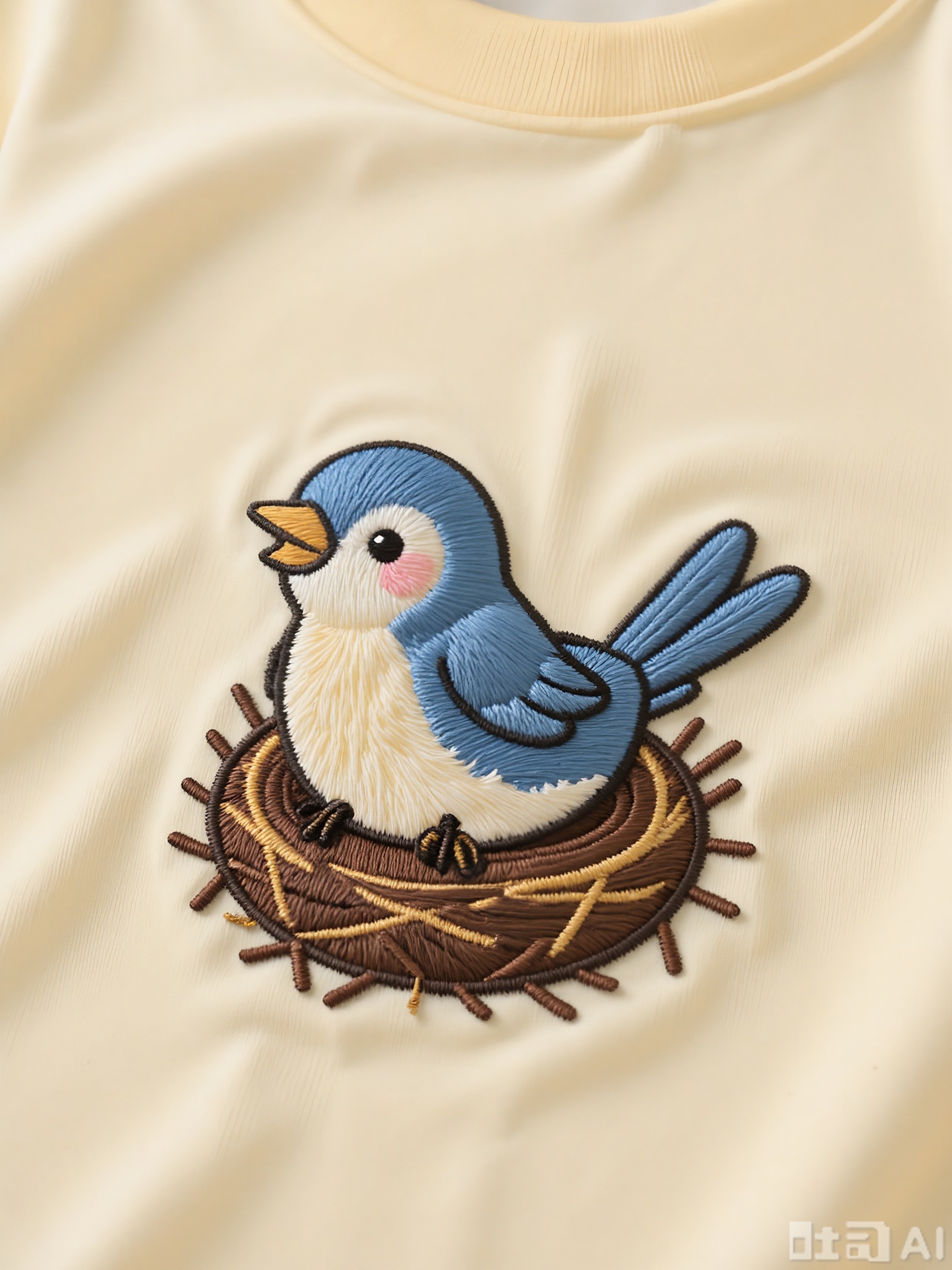 CXTA, A cute, embroidered artwork of a little bird sitting on a nest. The bird is blue with a yellow beak, black eyes, and a contented smile. The nest is brown, and the background is a soft yellow, creating a warm and cozy scene.
