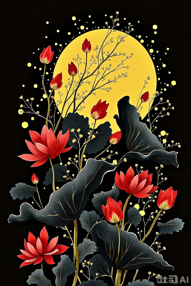 The image depicts a serene and artistic scene featuring a large, golden-yellow moon in the background, which is partially obscured by delicate, intricate floral elements. The flowers are predominantly red, with some petals showing hints of yellow, creating a striking contrast against the dark, almost black background. The flowers are arranged in various stages of bloom, with some fully open and others still in bud form, adding a sense of depth and dynamism to the composition.

Surrounding the flowers are large, dark green leaves with prominent veins, which appear to be lotus leaves, adding a natural and organic feel to the scene. The leaves are intricately detailed, with some showing subtle shading and texture that enhances their three-dimensional appearance. Additionally, there are small, golden-yellow dots scattered throughout the image, which contribute to the overall aesthetic and create a sense of movement and energy.

The combination of the golden moon, vibrant red flowers, dark green leaves, and golden-yellow dots creates a visually captivating and harmonious composition, evoking a sense of tranquility and natural beauty.