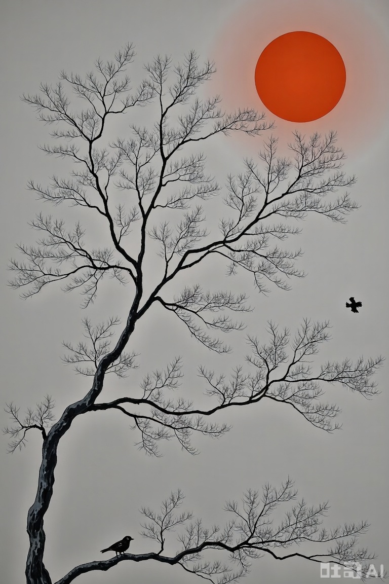 The image depicts a serene and somewhat eerie scene with a large, orange-red moon in the sky, casting a warm glow over the landscape. The moon is positioned towards the upper right corner of the image, creating a striking contrast with the darker tones of the sky. Below the moon, there are intricate, leafless tree branches that stretch out in various directions, forming a complex network of shapes. Two birds are visible, one perched on a branch in the lower left corner and another flying towards the center-right. The branches are detailed, with some having small, delicate leaves, while others are bare, emphasizing the starkness of the season. The overall color palette is muted, with the orange moon providing a focal point against the otherwise cool and subdued tones of the sky and the trees.