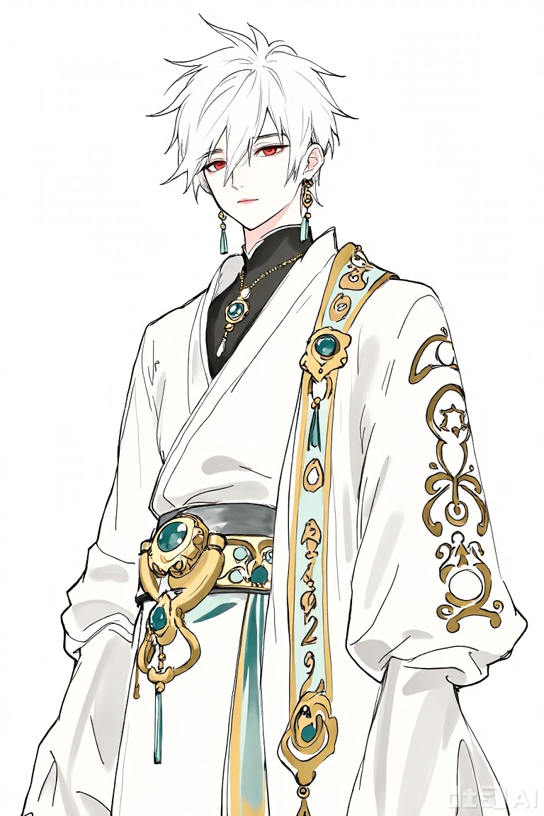 The image depicts a character with short, spiky white hair and red eyes. The character is dressed in an elaborate outfit that includes a white robe with intricate gold and green designs, a black inner garment, and a wide belt with a large central gemstone. The character is also wearing large dangling earrings and a necklace with a green and blue pendant. The background is plain white, emphasizing the character's attire and features.