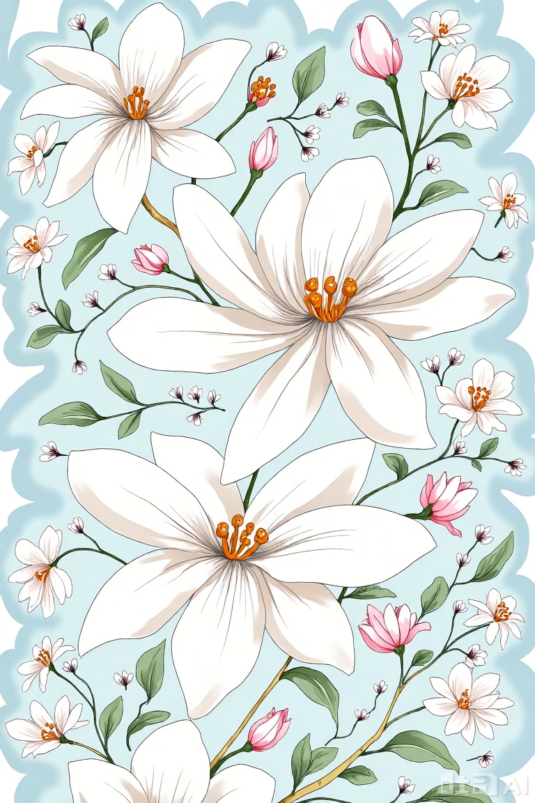 The image features a beautifully designed floral pattern with large white flowers prominently displayed. These flowers have intricate petals and a central orange-pink pistil, surrounded by smaller pink flowers and delicate green leaves. The background consists of swirling, fluid blue patterns that create a sense of movement and depth. The overall composition is harmonious, with the flowers and leaves creating a balanced and aesthetically pleasing arrangement.