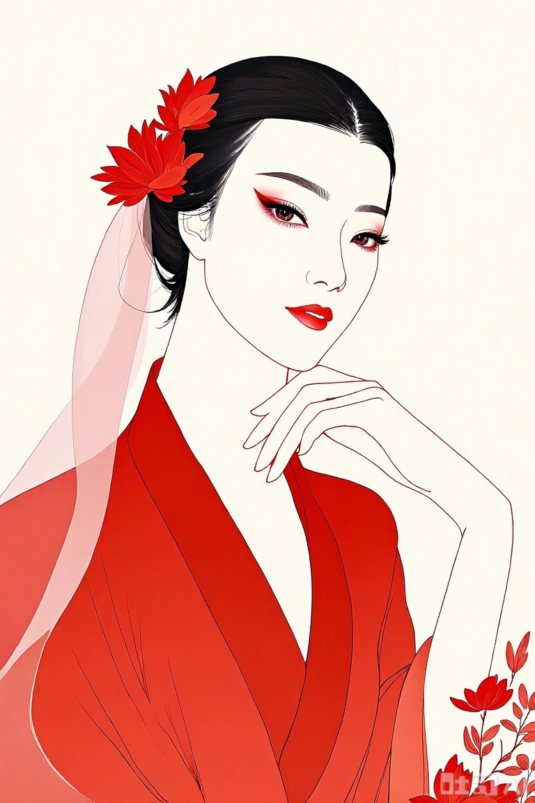 The image depicts a woman dressed in a flowing red garment, reminiscent of traditional East Asian attire. She is adorned with a striking red flower in her hair, and her makeup is bold, with prominent red lipstick and defined eyeliner. Her expression is serene, and she is resting her chin on her hand, exuding a sense of calm and elegance. The background is minimalistic, with subtle floral elements in the lower right corner, complementing the overall aesthetic.