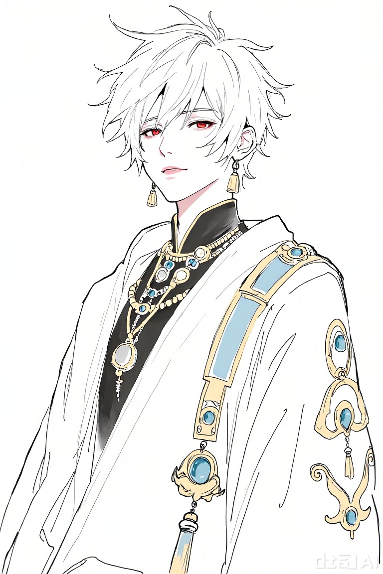 The image depicts a character with short, spiky white hair and striking red eyes. The character is dressed in an elaborate outfit that includes a white robe with gold and teal accents, intricate jewelry, and a black inner garment. The character's expression is calm and slightly contemplative, with a slight tilt of the head. The background is plain white, emphasizing the character's attire and features.