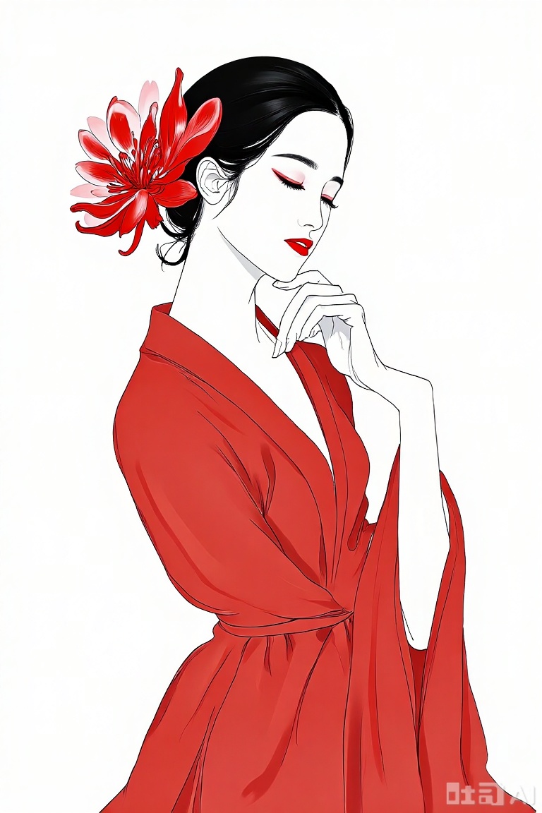 The image depicts a stylized illustration of a woman dressed in a flowing red garment. She is positioned against a plain white background, which accentuates her elegant and serene appearance. Her hair is neatly styled, and she is adorned with a large, intricate red flower in her hair, adding a touch of sophistication and femininity. Her eyes are closed, and she has a gentle, contemplative expression. Her hand is gracefully placed near her chin, enhancing the overall sense of calm and poise. The artwork is minimalist, focusing on the woman's attire and the delicate details of her hair and flower.