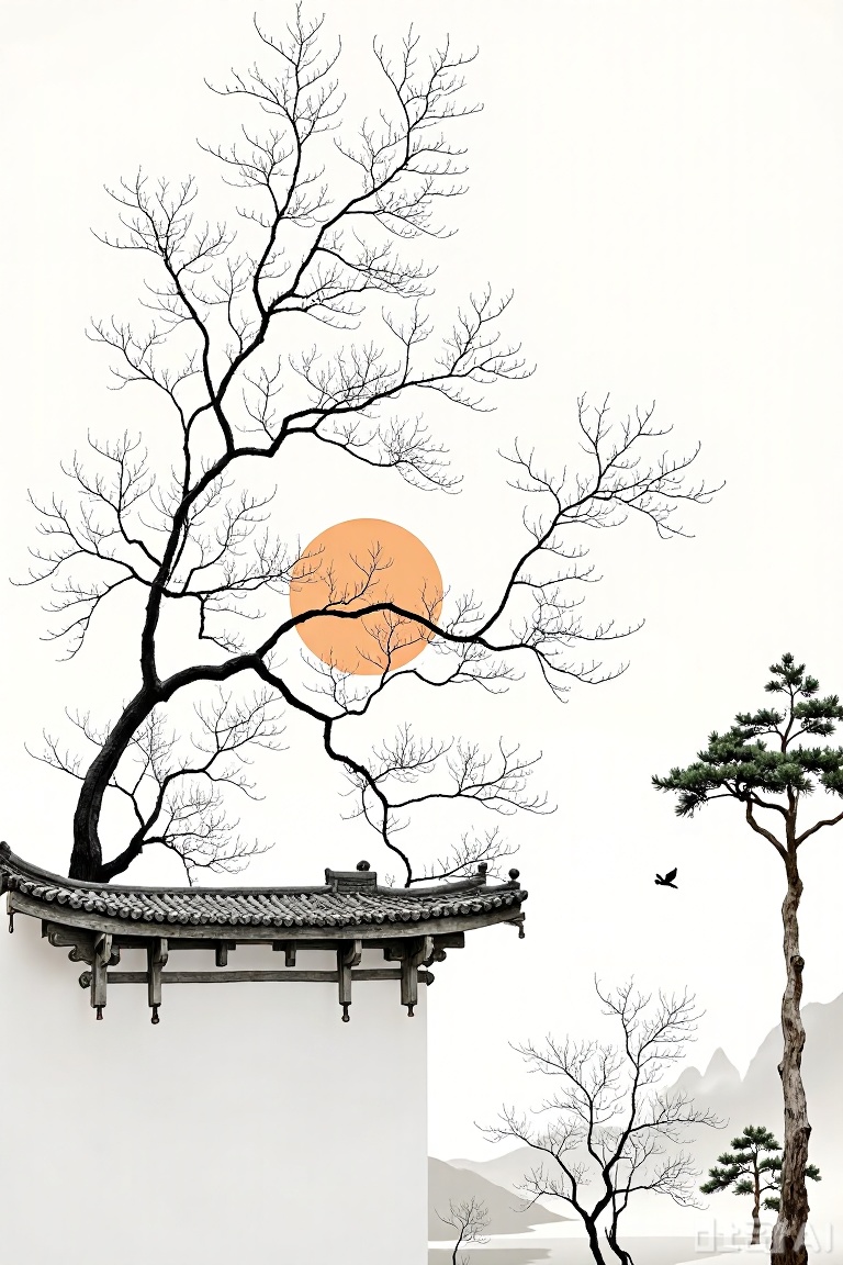 The image depicts a serene scene with a traditional East Asian architectural structure, likely a temple or pavilion, characterized by its curved roof and intricate carvings. The structure is partially obscured by a leafless tree with intricate branches, which frames the upper part of the image. A large, orange circle resembling the setting or rising sun is visible through the tree's branches, creating a striking contrast against the pale sky. A bird is captured mid-flight near the right side of the image, adding a sense of movement and life to the otherwise still scene. The background consists of more trees, with one prominent pine tree visible on the right side, contributing to the tranquil and natural atmosphere.