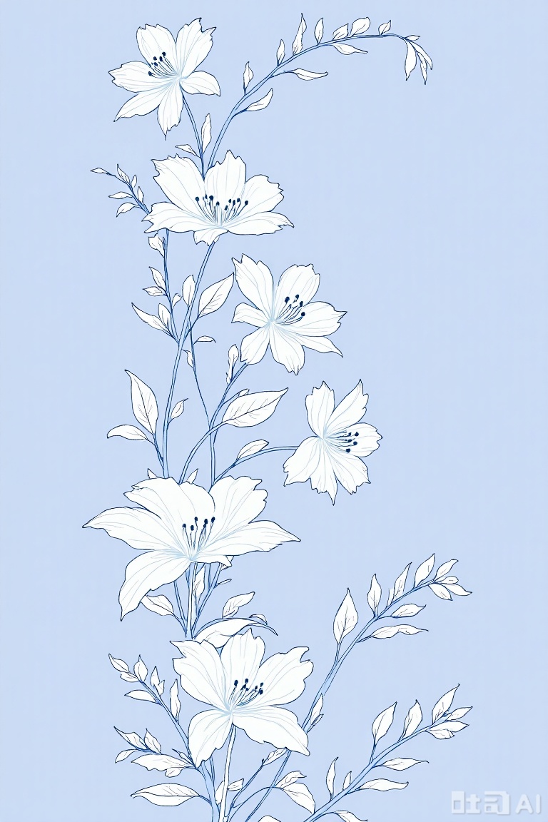 The image features a stylized floral design set against a soft blue background. The flowers are intricately detailed, with five prominent blossoms arranged in a vertical line. Each flower has five petals, with the central part displaying small, dark stamens. Surrounding the flowers are delicate leaves and stems, all rendered in shades of blue and white, creating a harmonious and elegant composition. The background consists of a subtle, textured pattern that complements the floral elements, adding depth and visual interest. The overall color scheme is monochromatic, dominated by various shades of blue, with white accents highlighting the flowers and leaves.