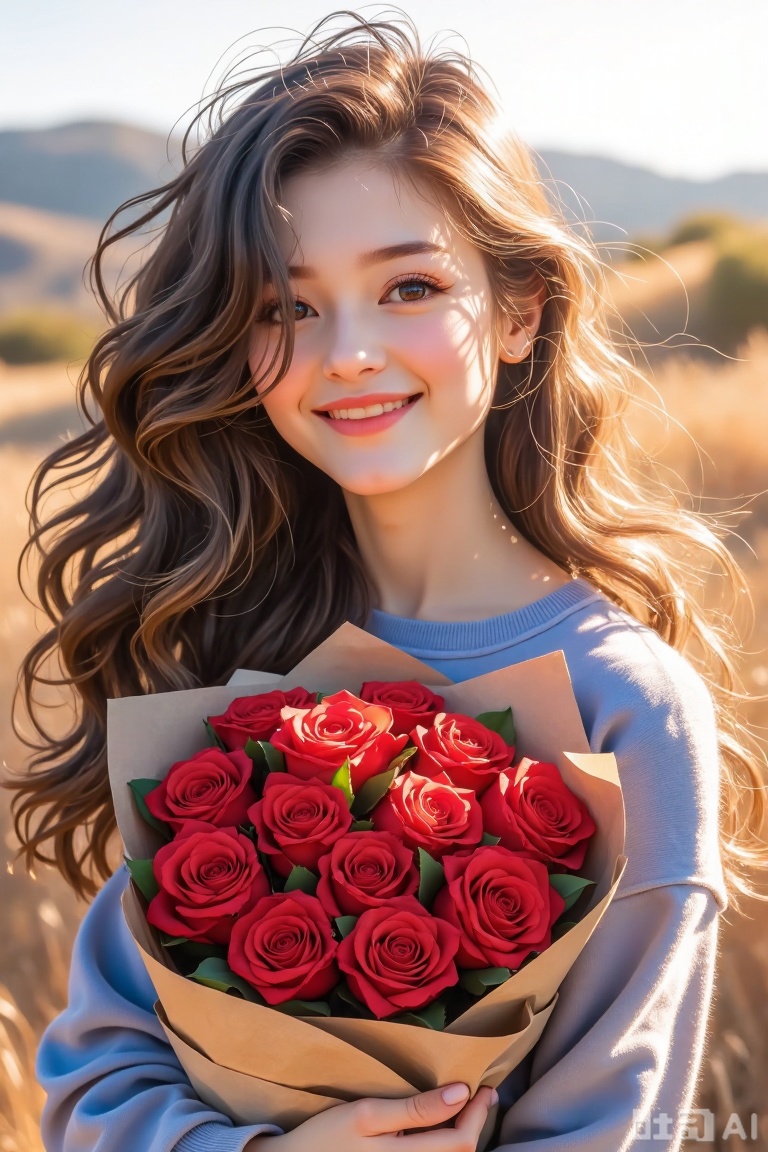 The image depicts a young woman with long, wavy brown hair, wearing a light blue sweater. She is holding a bouquet of vibrant red roses wrapped in brown paper. The background is a soft, blurred landscape, possibly a field or garden, with sunlight filtering through, creating a warm and serene atmosphere. The woman's expression is gentle and happy, and she is looking directly at the viewer.