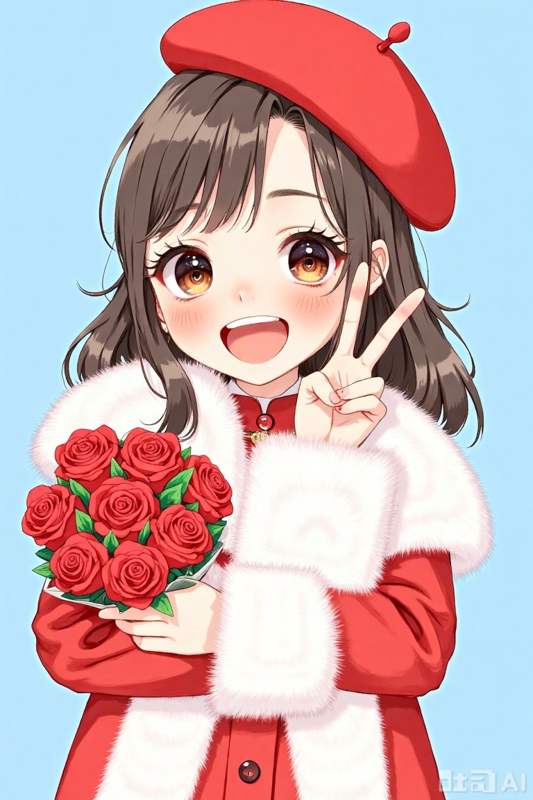 The image depicts a cheerful anime-style character with long brown hair, wearing a red beret and a red coat with white fur trim. She is holding a bouquet of red roses in her left hand and making a peace sign with her right hand. The background is a solid light blue color, providing a clean and simple backdrop for the character.