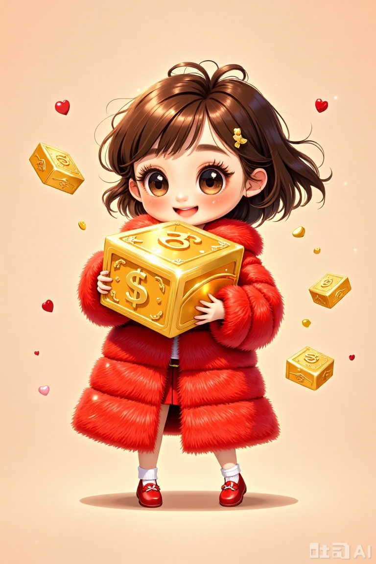 The image depicts a young girl with brown hair and large, expressive eyes, wearing a red furry coat and red shoes. She is holding a large golden ingot in her hands, and there are several smaller golden ingots floating around her. The background is a light beige color, and the overall scene has a cheerful and festive atmosphere.