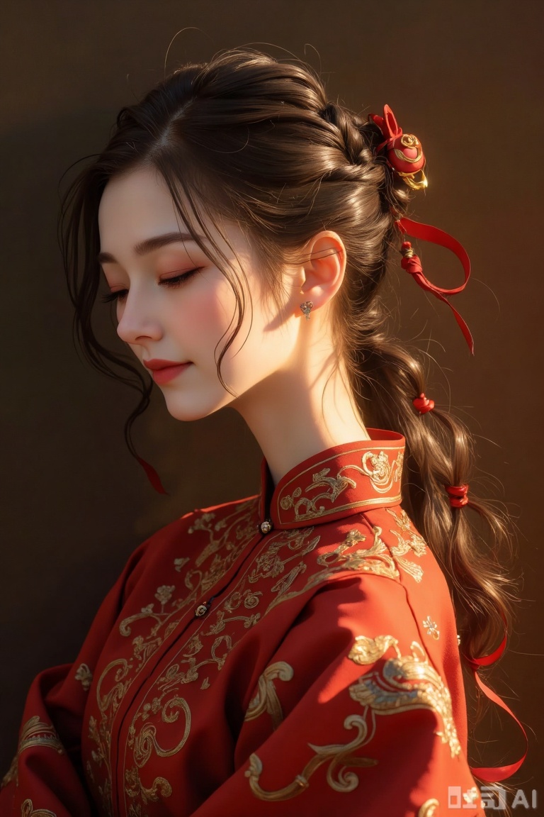 The image depicts a serene and elegant scene of a woman in traditional attire. She is dressed in a rich red garment adorned with intricate gold patterns, which contrasts beautifully with her fair skin. Her hair is styled in a delicate braid, cascading over her shoulder, and she is gazing downward with a calm and contemplative expression. The lighting is soft and warm, casting gentle shadows that enhance the texture of her hair and the fabric of her clothing. The background is a muted, dark tone, which helps to draw attention to the woman and her delicate features.