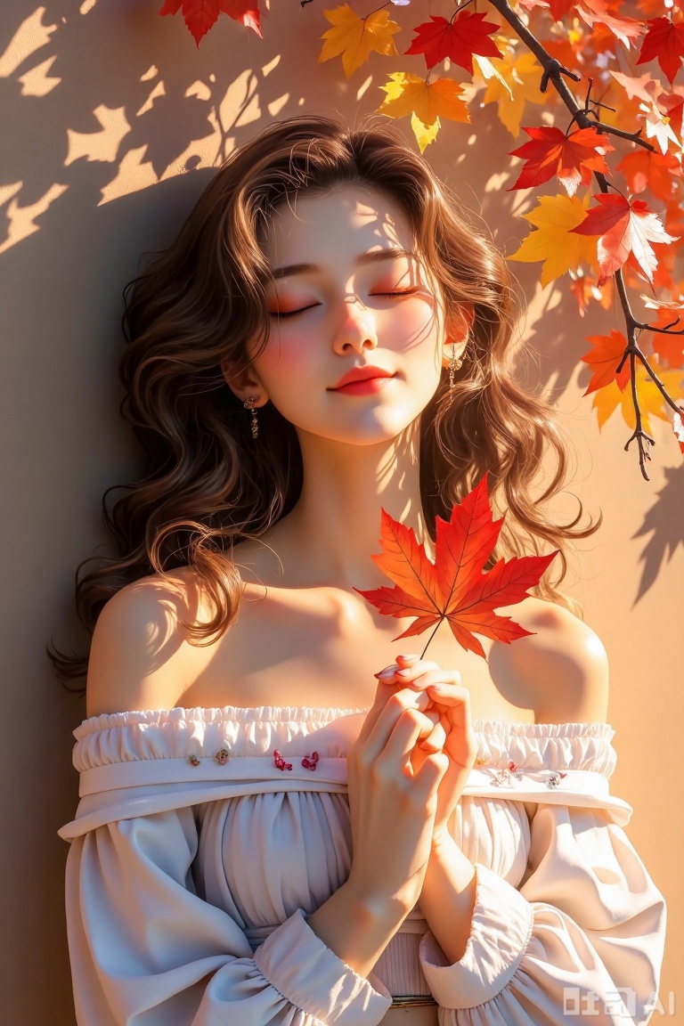 The image depicts a young woman with long, wavy brown hair, wearing a white off-shoulder top with a delicate butterfly design on the chest. She is holding a vibrant red maple leaf, which she gently cradles near her chest. The background features autumn leaves in shades of orange, yellow, and red, casting soft shadows on the wall. The lighting is warm and natural, creating a serene and peaceful atmosphere. The woman's eyes are closed, and she appears to be in a state of relaxation or contemplation.