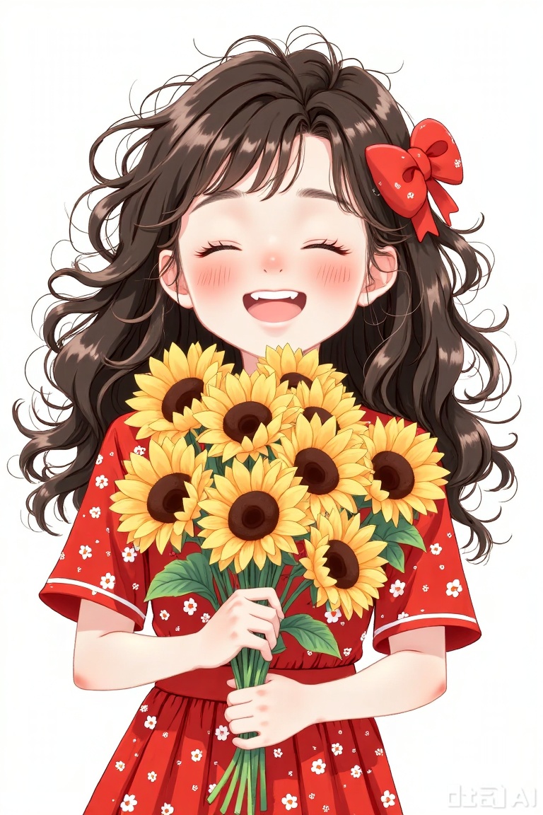 The image depicts a cheerful girl with long, wavy, dark brown hair adorned with a red bow. She is wearing a red dress with small white floral patterns. The girl is holding a bouquet of bright yellow sunflowers with dark brown centers, and her cheeks are rosy with a joyful smile. She appears to be in a playful, happy state, with her eyes closed and a gentle expression. The background is plain white, emphasizing the vibrant colors of the girl and the sunflowers.