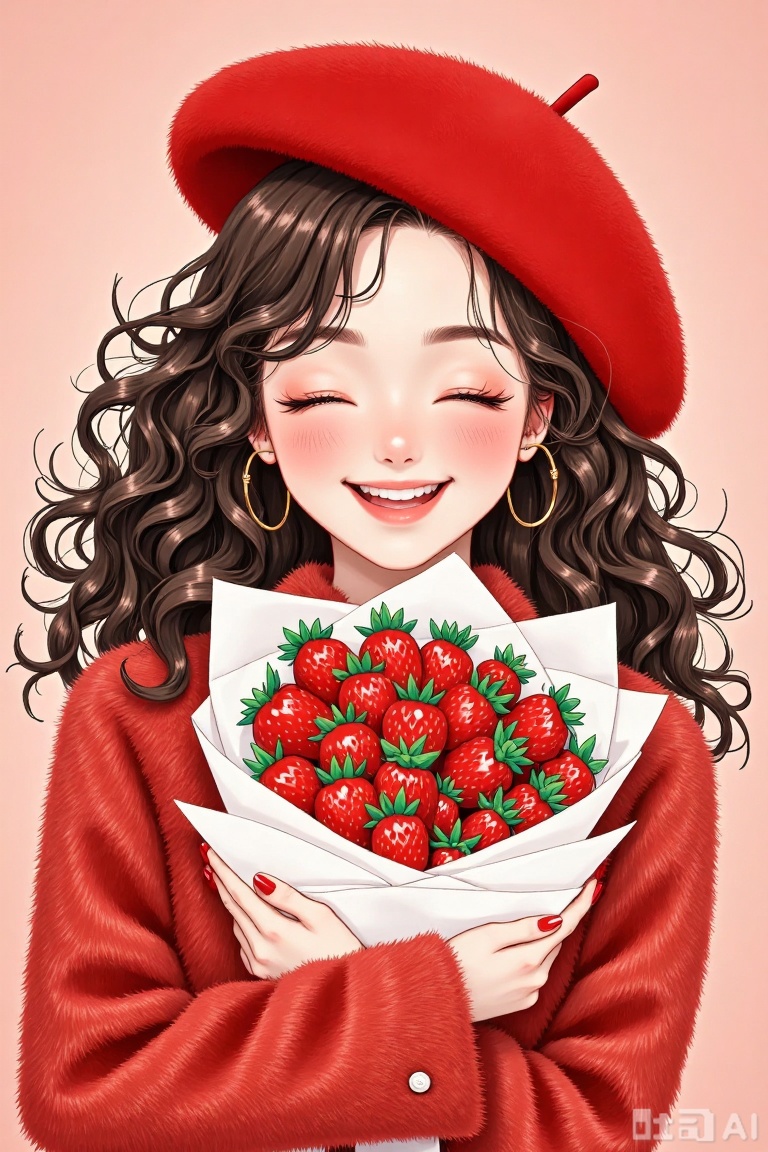 The image depicts a young woman with long, wavy brown hair wearing a red beret and a red fur-lined coat. She is holding a bouquet of strawberries wrapped in white paper. The background is a soft pink, creating a warm and cheerful atmosphere. The woman appears to be in a state of contentment, with her eyes closed and a gentle smile.