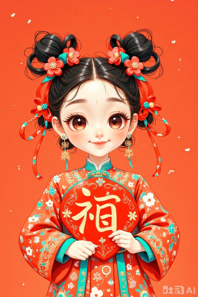 The image depicts a young girl dressed in traditional Chinese attire, holding a red decorative item with the character "福" (fú), which means "good fortune" or "happiness." The girl is adorned with intricate floral patterns and has her hair styled in traditional buns, decorated with red flowers and green ribbons. The background is a solid orange color, providing a warm and festive atmosphere. The overall scene exudes a sense of celebration and cultural heritage.