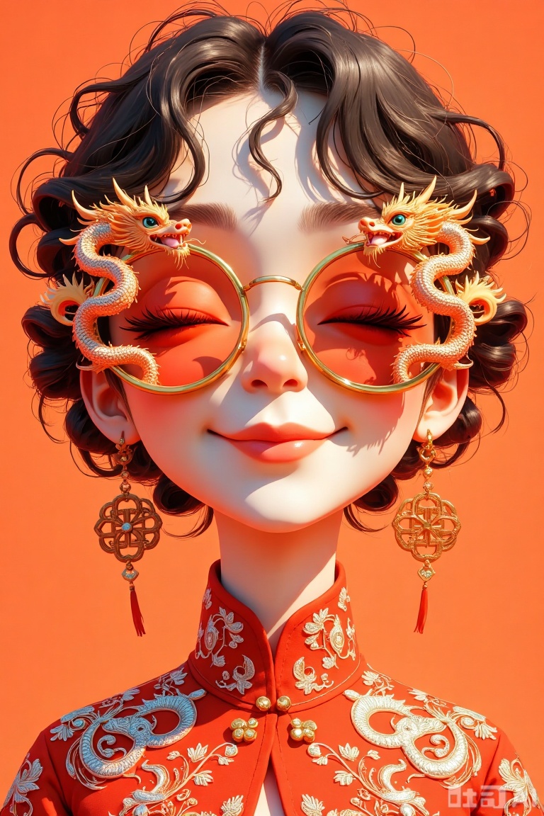 The image depicts a stylized, digitally rendered character with a serene expression. The character is wearing a traditional Chinese outfit adorned with intricate dragon embroidery, which is predominantly red. The character also has large, round sunglasses with dragon motifs, adding a whimsical and artistic touch. The background is a solid, vibrant orange, which complements the character's attire and enhances the overall warm and festive atmosphere. The character's hair is styled in soft curls, and the earrings are long and ornate, featuring traditional Chinese knot designs. The image exudes a blend of cultural heritage and modern artistic expression.