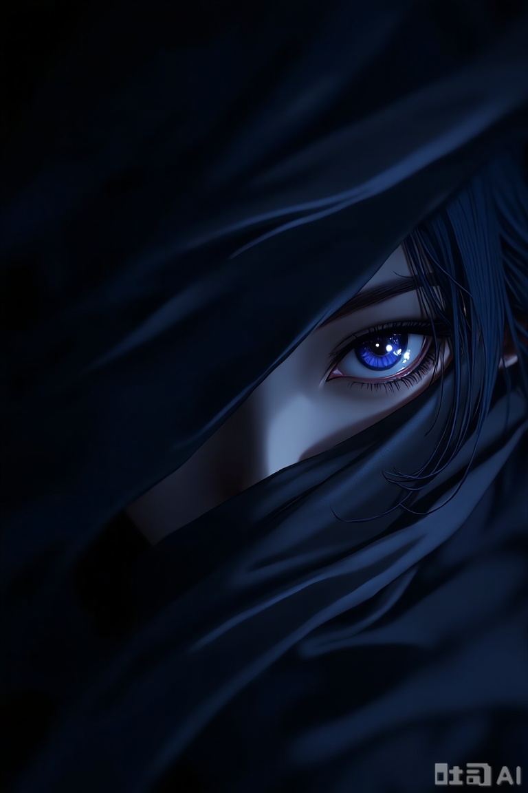 The image depicts a close-up of a character with striking blue eyes, partially covered by a dark fabric. The character's hair is also visible, with strands of blue hair framing the face. The background is dark, creating a contrast that highlights the character's eyes, which are glowing with a soft, ethereal light. The overall atmosphere is mysterious and slightly eerie, with the fabric adding an element of concealment.