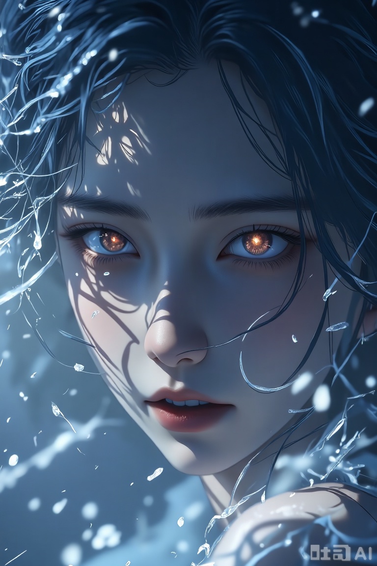 The image depicts a close-up of a person with ethereal, glowing eyes and delicate, translucent hair that appears to be made of ice or frost. The person's skin is smooth and pale, with a subtle sheen that complements the icy texture of their hair. The background is blurred, creating a soft, dreamy effect that enhances the overall ethereal quality of the scene. The lighting is soft and diffused, casting gentle shadows and highlighting the delicate features of the person's face.
