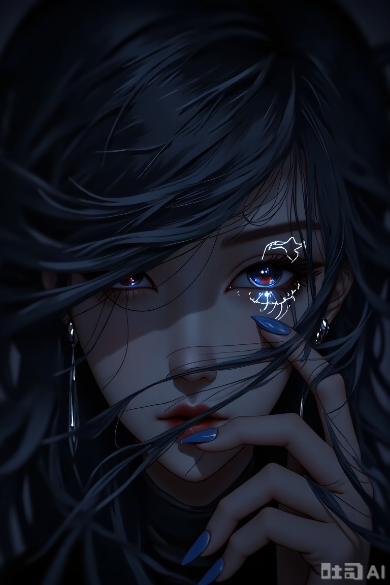 The image depicts a close-up of a person's face, focusing on their eye and hand. The person has long, dark hair partially covering their face, with a delicate and intricate design on their eye, resembling a glowing or illuminated mark. They are wearing long, pointed earrings and have a glossy, smooth complexion. The background is dark, emphasizing the illuminated eye and the intricate details of the face. The overall aesthetic is ethereal and artistic, with a focus on the luminous mark on the eye and the delicate, flowing hair.