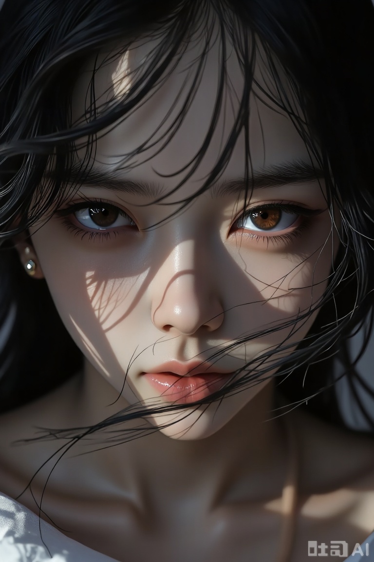 The image depicts a close-up of a young person with long, dark hair partially covering their face. The person's eyes are large and expressive, with light-colored irises and long eyelashes. The skin appears smooth and is illuminated by natural light, creating soft shadows on the face. The background is out of focus, emphasizing the subject's face and hair. The overall atmosphere is serene and slightly mysterious, with a focus on the delicate details of the person's features.