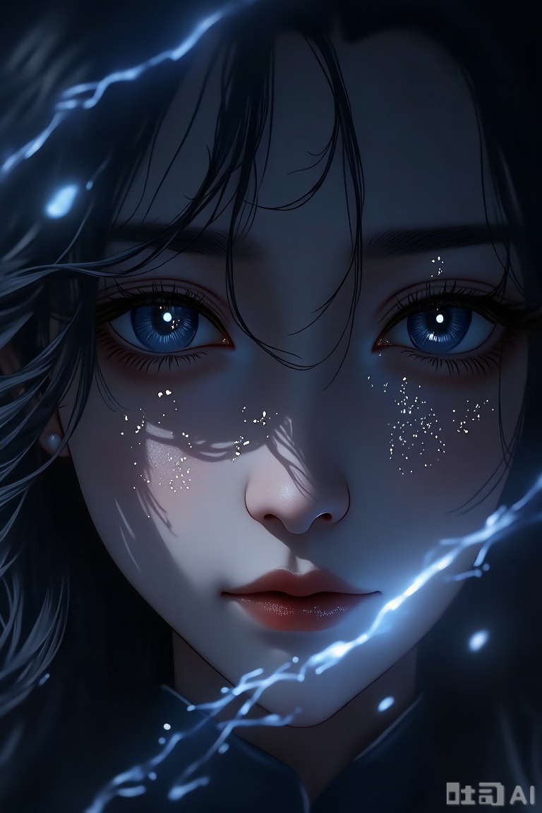 The image depicts a close-up of a young woman with long, flowing hair. Her eyes are large and expressive, with a striking blue color that stands out against her pale skin. She has a subtle blush on her cheeks and a red lip, giving her a gentle and serene expression. There are delicate, shimmering particles scattered across her face, adding a magical or ethereal quality to her appearance. The background is dark, with soft, glowing light that highlights her features and creates a sense of depth. The overall atmosphere is mystical and dreamlike.