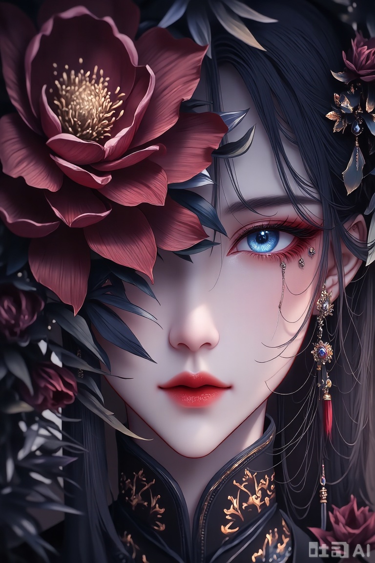 The image depicts a close-up of a person adorned in traditional attire, featuring intricate designs and embellishments. The individual has striking blue eyes, highlighted with red eyeshadow, and their lips are painted a vivid red. A large, ornate flower is partially covering their face, adding an ethereal and mystical element to the composition. The person is wearing elaborate earrings and a decorative headpiece, which complements the overall aesthetic. The background is softly blurred, emphasizing the detailed and vivid features of the person in the foreground.