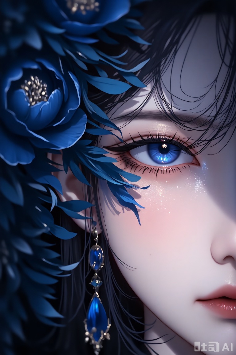 The image depicts a close-up of a person's face, with a focus on their right side. The person has striking blue eyes that are adorned with delicate, sparkling makeup. Their skin is smooth and has a soft, ethereal glow. A large, intricate arrangement of blue flowers is positioned on the left side of the face, adding a natural and artistic element to the composition. The flowers are detailed, with petals and leaves visible, and they seem to be part of the person's hair or adornment. Additionally, there is a long, dangling earring with a blue gemstone that complements the floral theme. The background is dark, which contrasts with the bright and detailed foreground, drawing attention to the person's face and the flowers.