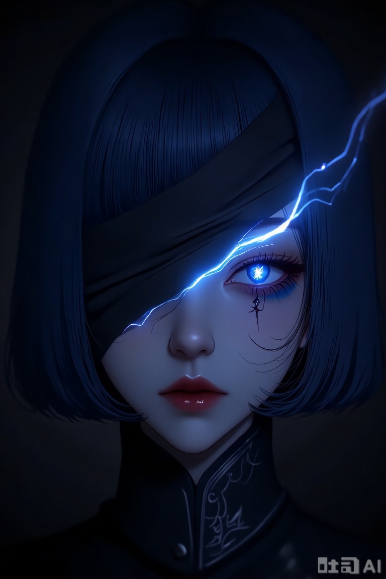 The image depicts a close-up of a character with short, straight blue hair and a pale complexion. The character has one eye visible, which is glowing with a bright, electric blue light, and the other eye is closed. The character's lips are painted a deep red, and there is a faint, glowing white mark on the cheek. The character is wearing a dark, high-collared garment with intricate designs. The background is dark, with a subtle gradient that enhances the focus on the character's face. The overall atmosphere is mysterious and otherworldly.