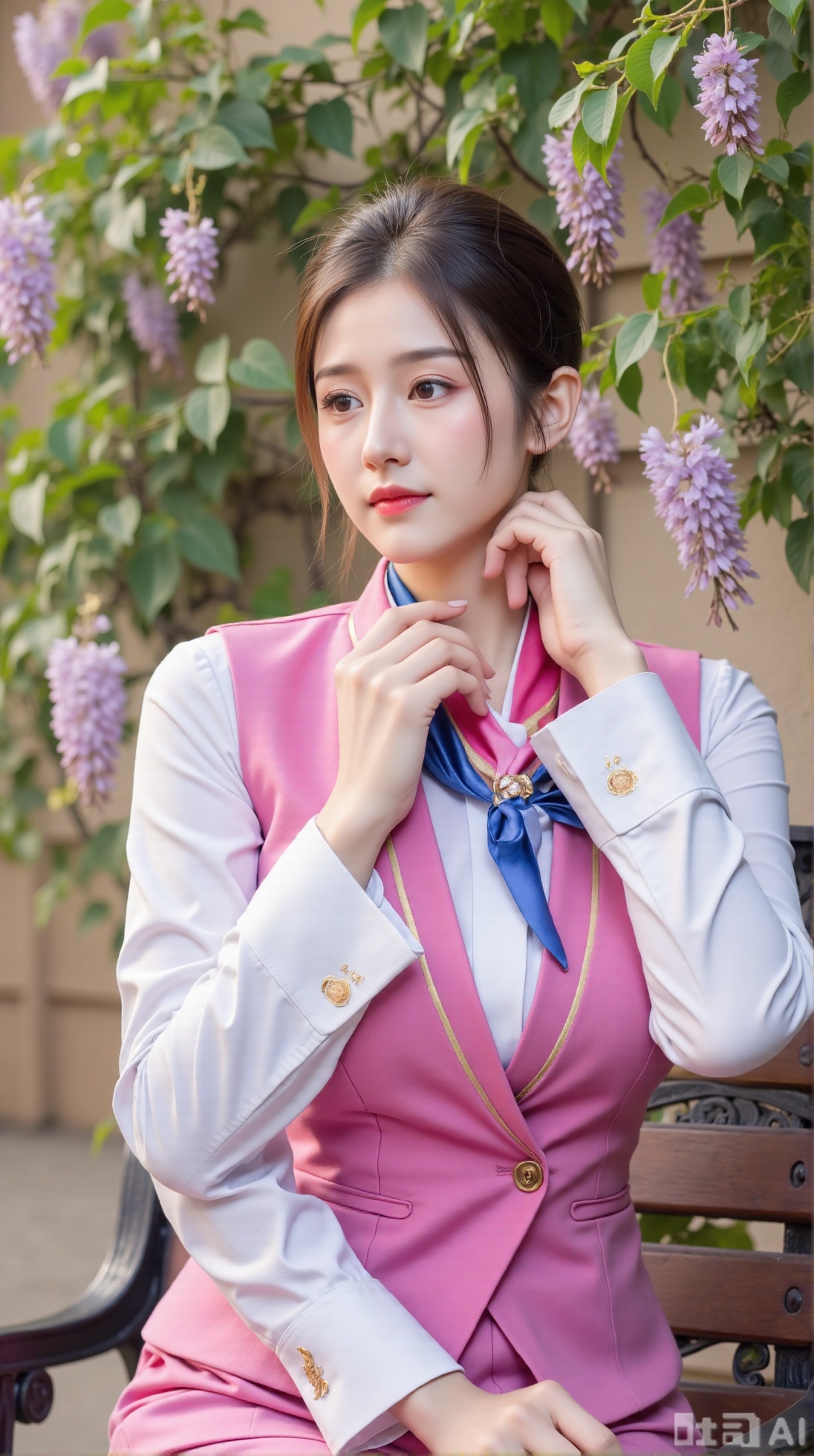 (masterpiece,best quality:1.23),portrait of a stewardess, beautiful face, perfect hourglass figure, China Southern Airlines uniform, sitting on a park bench, wisteria vines, blooming flowers, soft focus, out-of-focus background,(huge breasts, full breasts:2.34),,Xaili2,XyunxiaoYH5,XlinziyueXZ,XtuliH,Xbigbreasts,XMedusaQueen,Xnanhangzhifu,Xjkgeziqun,Xbingbing