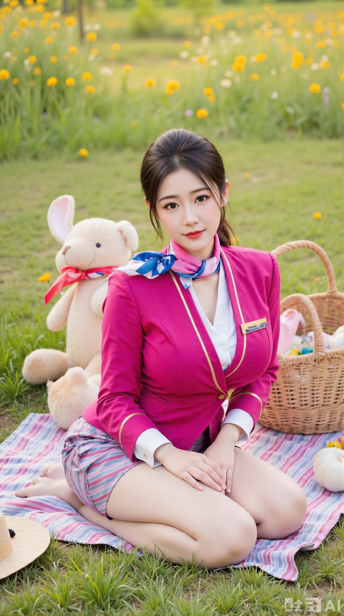 (masterpiece,best quality:1.23),stewardess, candid shot,smile, perfect physique, Southern Airlines uniform, enjoying a picnic on a floral meadow, butterflies, warm sunlight, high resolution,(huge breasts, full breasts:2.99),,Xaili2,XyunxiaoYH5,XlinziyueXZ,XtuliH,Xbigbreasts,XMedusaQueen,Xnanhangzhifu,Xjkgeziqun,Xbingbing