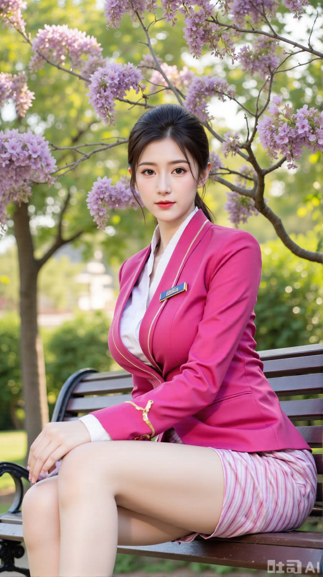 (masterpiece,best quality:1.23),portrait of a stewardess, beautiful face, perfect hourglass figure, China Southern Airlines uniform, sitting on a park bench, wisteria vines, blooming flowers, soft focus, out-of-focus background,(huge breasts, full breasts:2.99),,Xaili2,XyunxiaoYH5,XlinziyueXZ,XtuliH,Xbigbreasts,XMedusaQueen,Xnanhangzhifu,Xjkgeziqun,Xbingbing