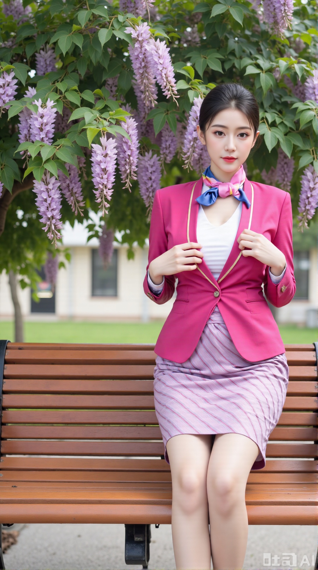 (masterpiece,best quality:1.23),portrait of a stewardess, beautiful face, perfect hourglass figure, China Southern Airlines uniform, sitting on a park bench, wisteria vines, blooming flowers, soft focus, out-of-focus background,(huge breasts, full breasts:2.34),,Xaili2,XyunxiaoYH5,XlinziyueXZ,XtuliH,Xbigbreasts,XMedusaQueen,Xnanhangzhifu,Xjkgeziqun,Xbingbing